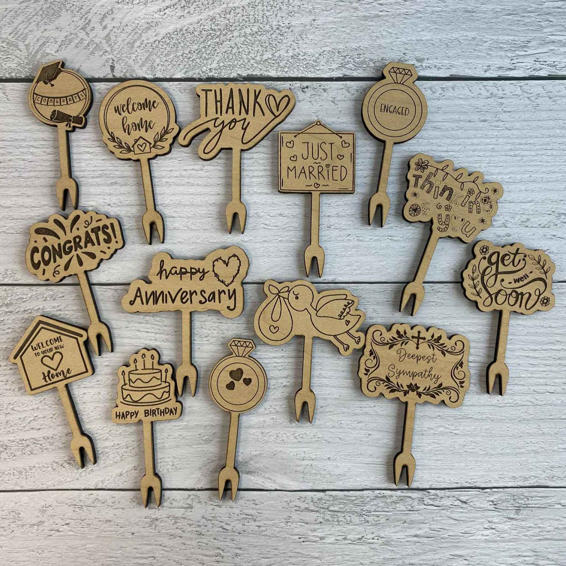 showing the special occasion wood food picks set of 14