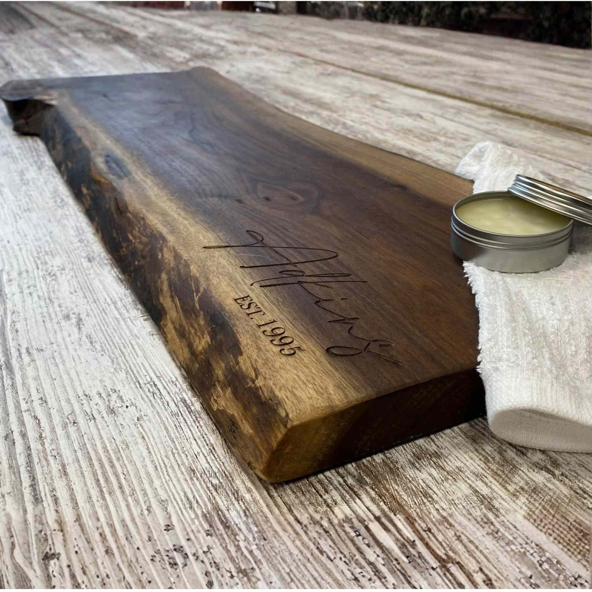 walnut live edge serving board with beeswax wood conditioner
