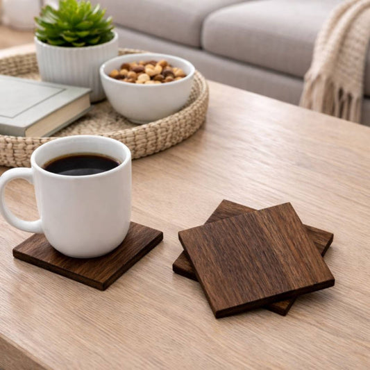 handcrafted hardwood walnut coasters sitting on coffee table