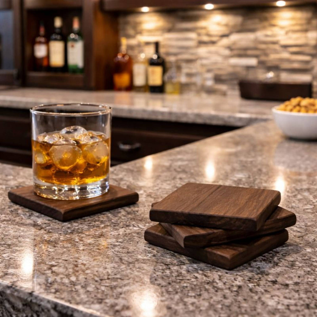 hardwood walnut coasters sitting on bar top in home