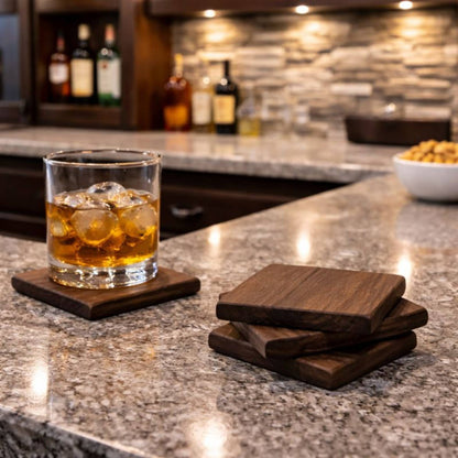 hardwood walnut coasters sitting on bar top in home